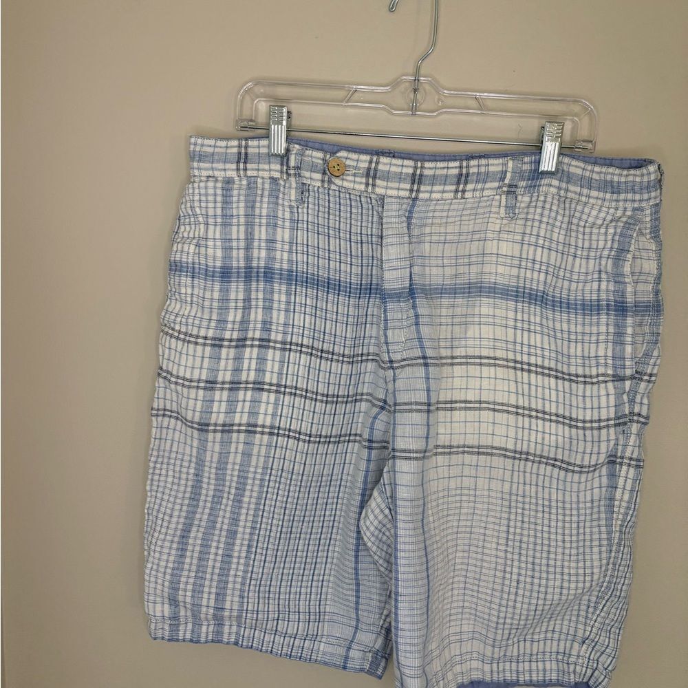 Tommy Bahama Linen Shorts Reversible Blue Plaid Sz 35